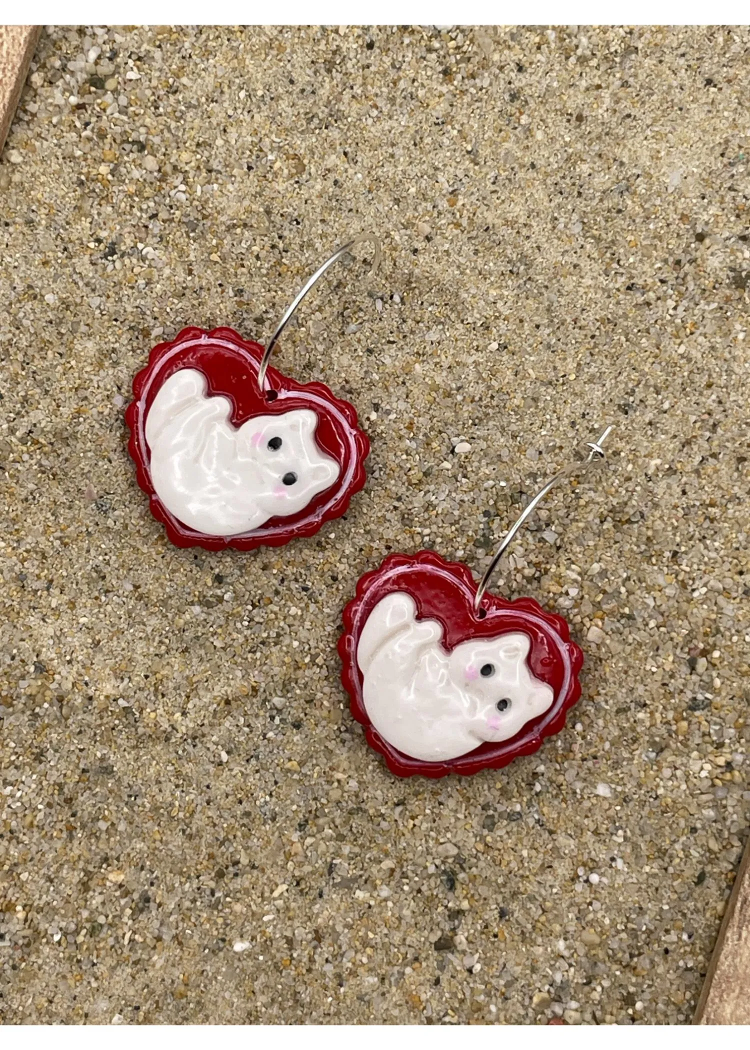 Love Crazy Purring Kitty Cat Heart Hoop Earrings sold by Modcloth