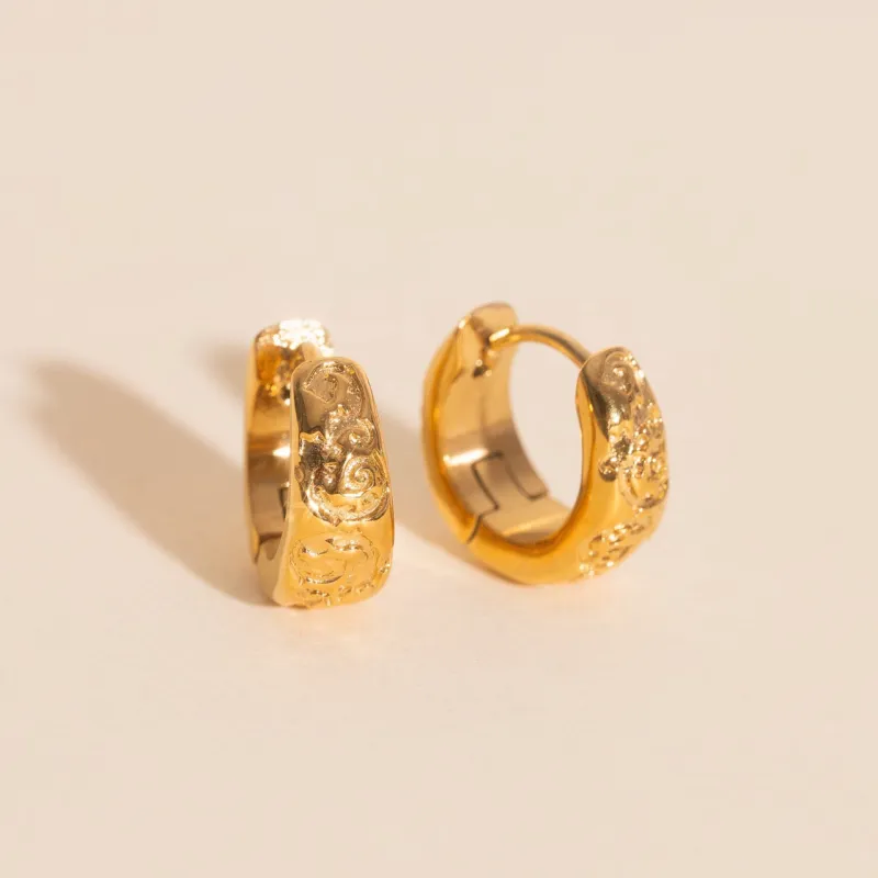 Heirloom Etch Teardrop Super Chunky Huggie Hoop Earrings sold by Modcloth