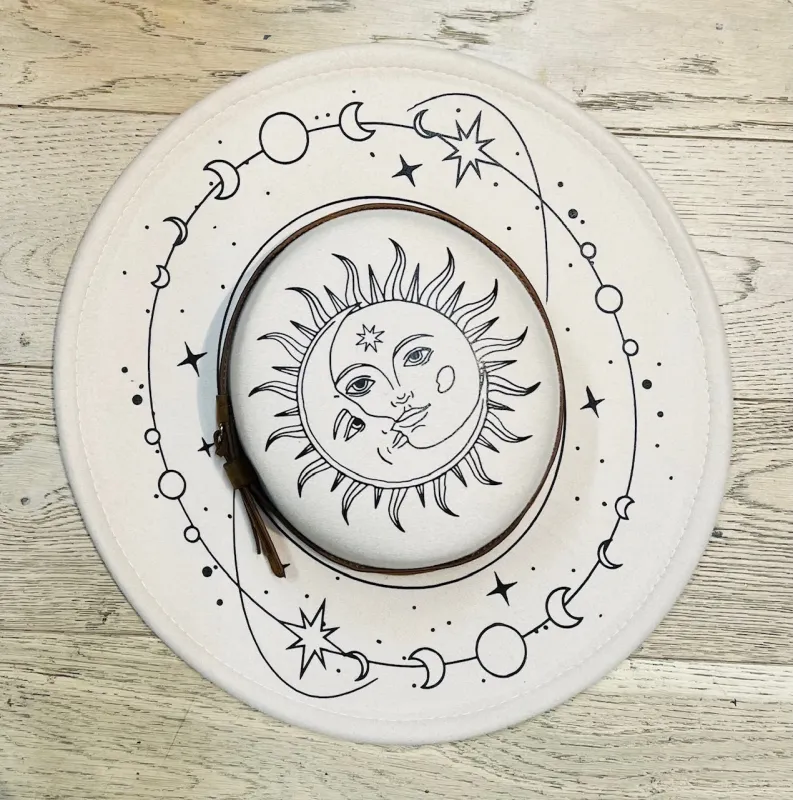 Vegan Felt Wide Brim Hat - Flat Top - Cream - Celestial Sun and Moon sold by Modcloth