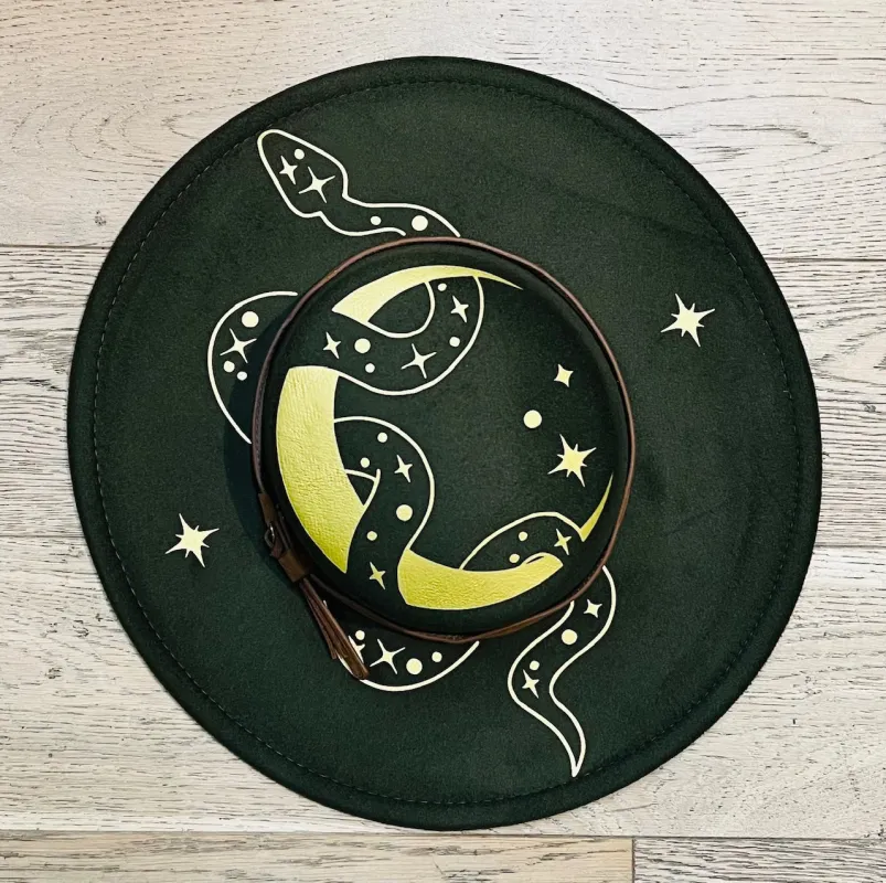Vegan Felt Wide Brim Hat - Flat Top - Olive - Snake Moon sold by Modcloth