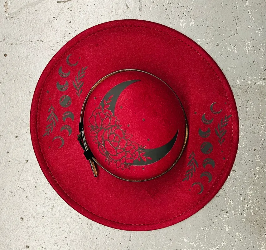 Vegan Felt Wide Brim Hat - Flat Top - Wine Red - Floral Moon sold by Modcloth