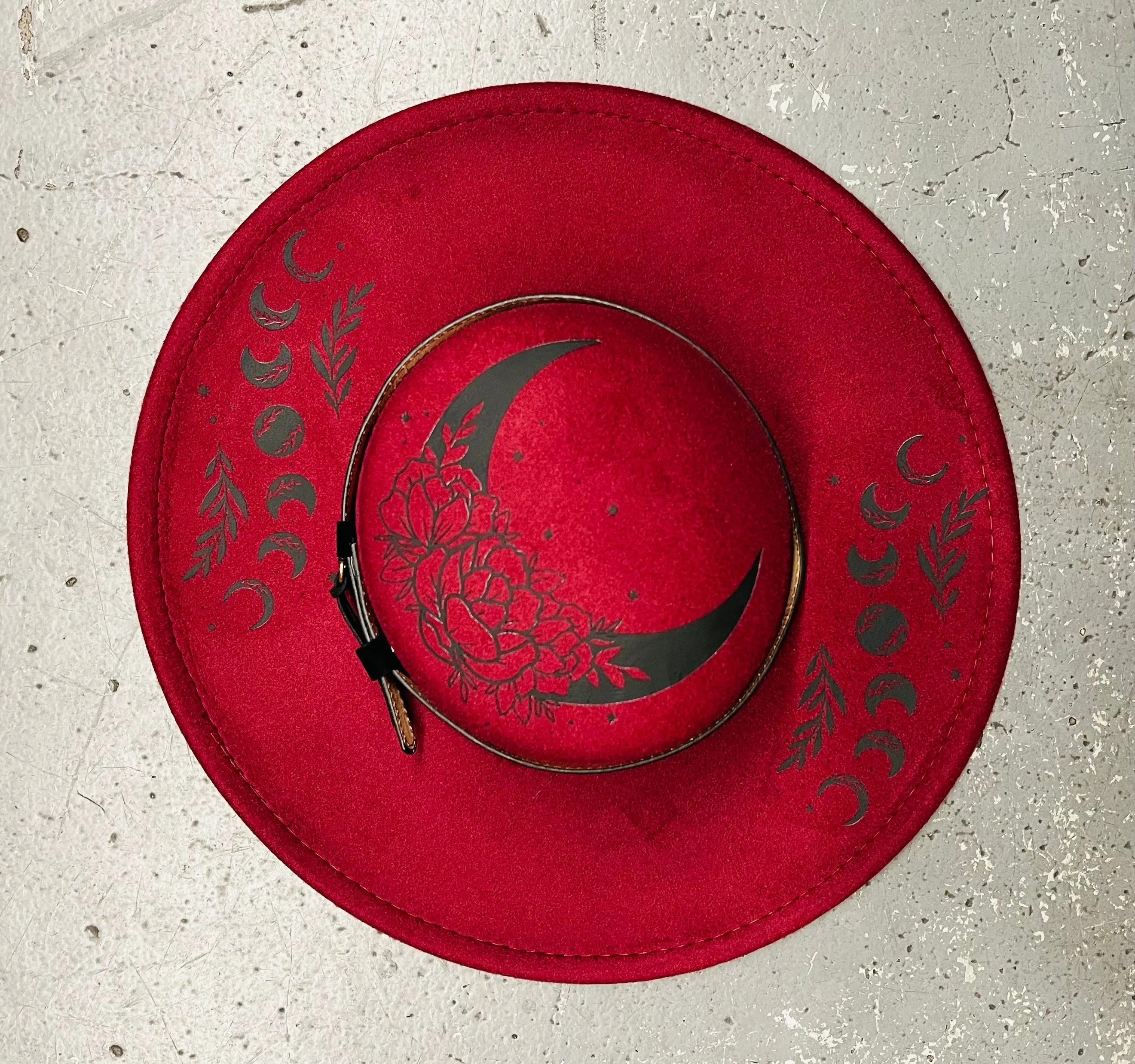 Vegan Felt Wide Brim Hat - Flat Top - Wine Red - Floral Moon sold by Modcloth product image thumbnail 2