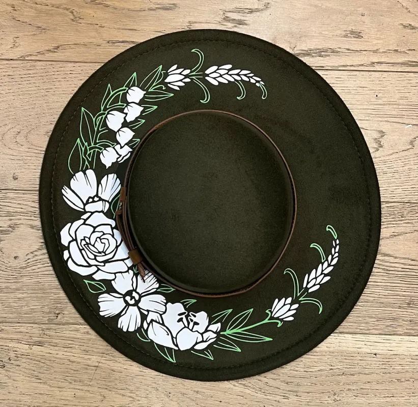 Vegan Felt Wide Brim Hat - Flat Top - Olive - Floral Crescent Moon sold by Modcloth