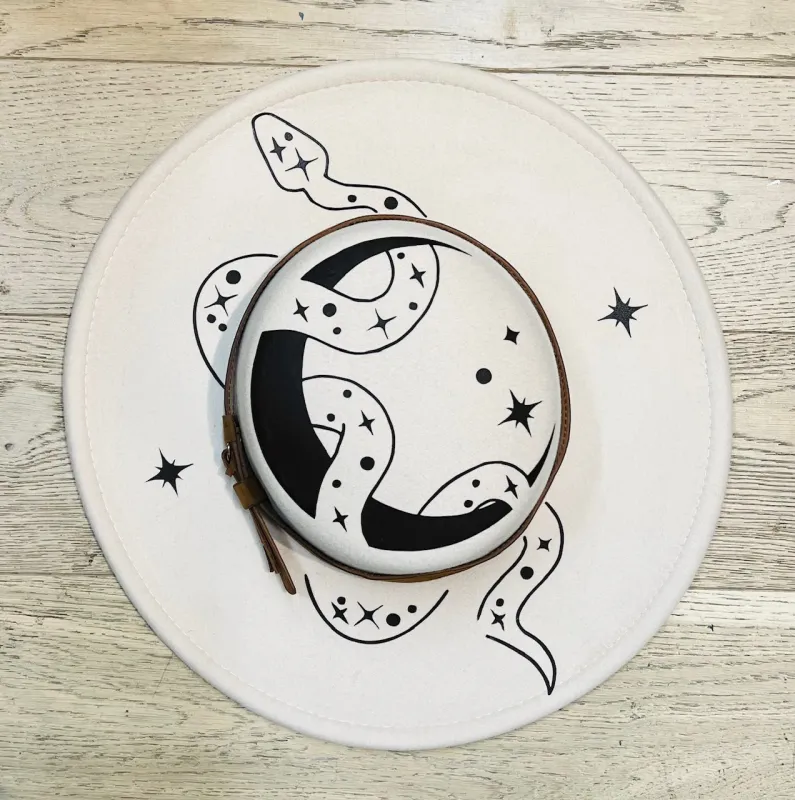 Vegan Felt Wide Brim Hat - Flat Top - Cream - Snake Moon sold by Modcloth