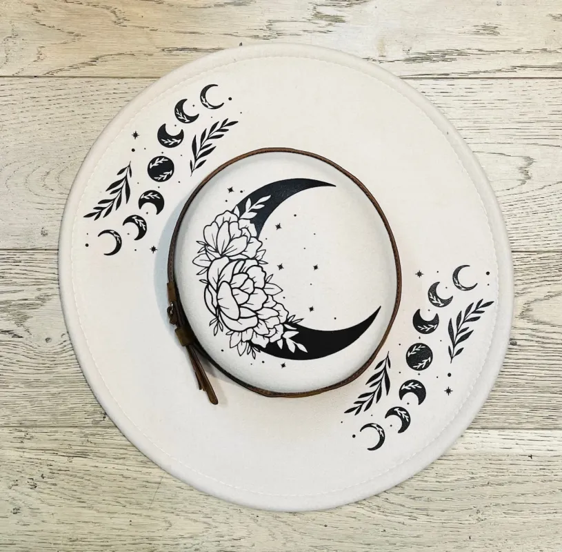Vegan Felt Wide Brim Hat - Flat Top - Cream - Floral Moon sold by Modcloth