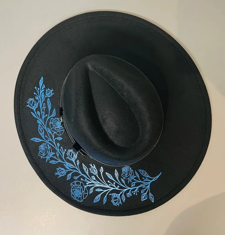 Vegan Felt Hat - XL Brim - Blue Foiled Roses made by Modcloth