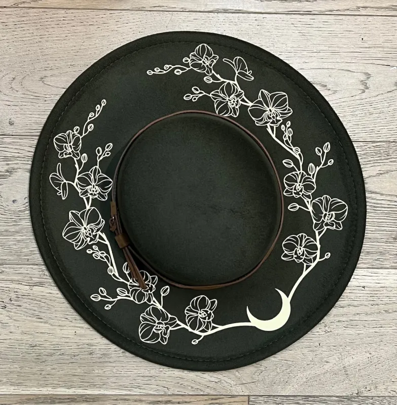 Vegan Felt Hat - XL Brim - Flat Top - Orchids Outline made by Modcloth