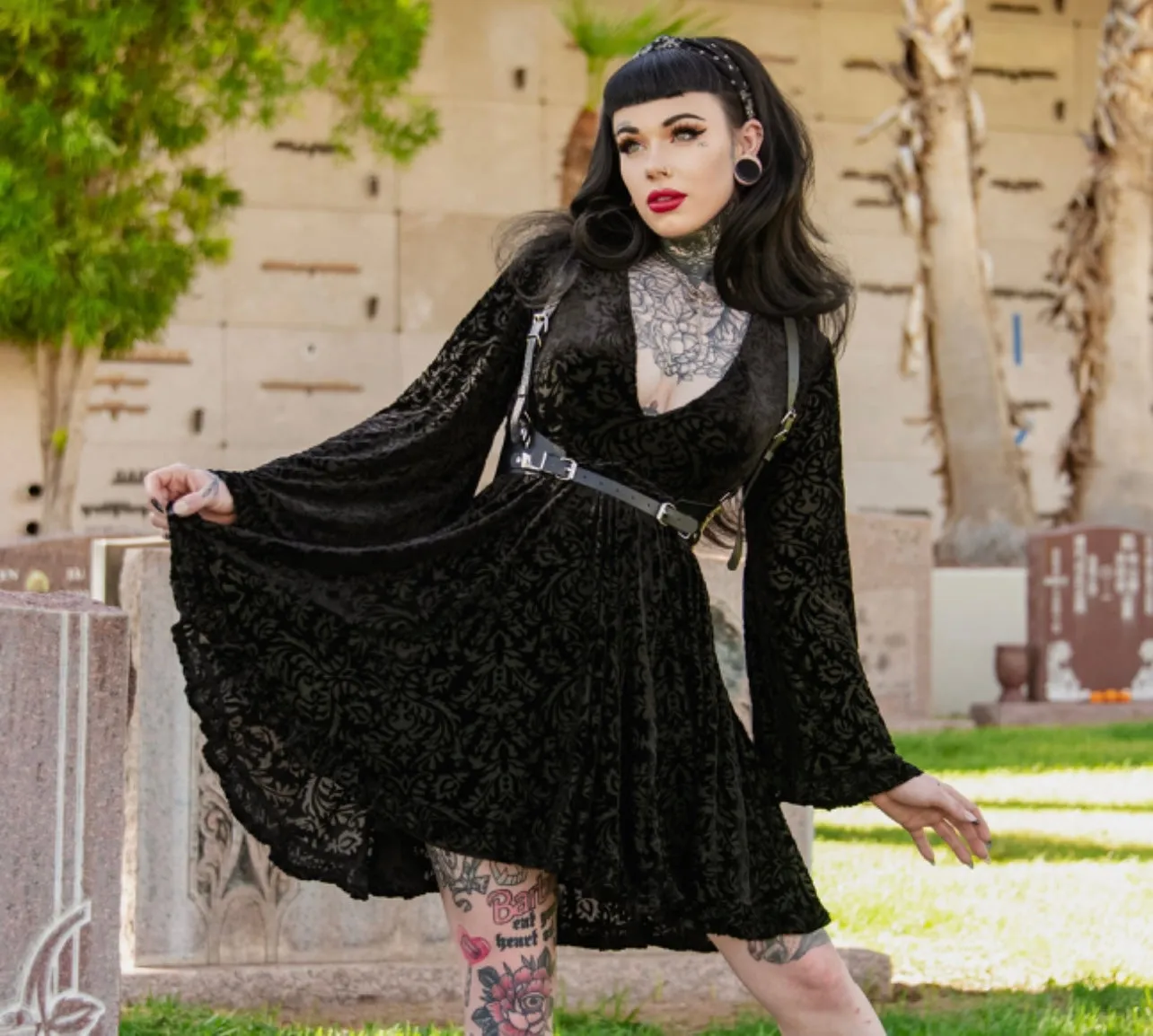 Nyx - Bell Sleeved Velvet Damask Dress with Harness sold by Modcloth product image thumbnail 4