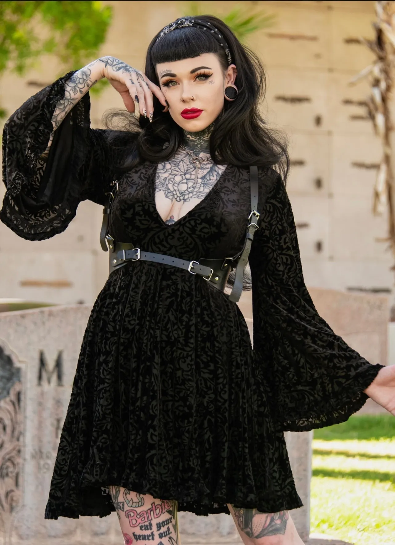 Nyx - Bell Sleeved Velvet Damask Dress with Harness sold by Modcloth