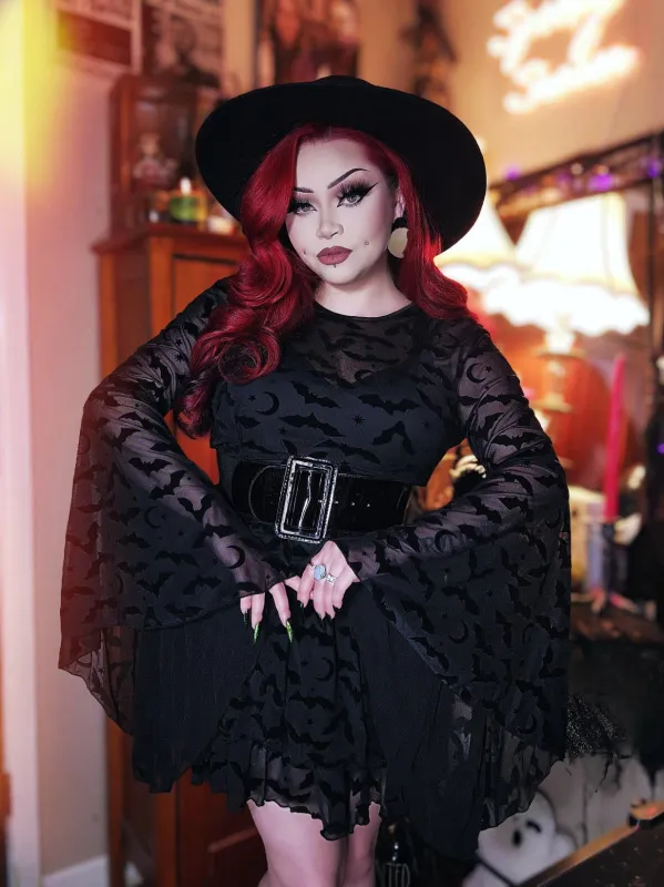Dracuella - Velvet BATS Flocked Mini Dress with Witchy Bell Sleeves sold by Modcloth