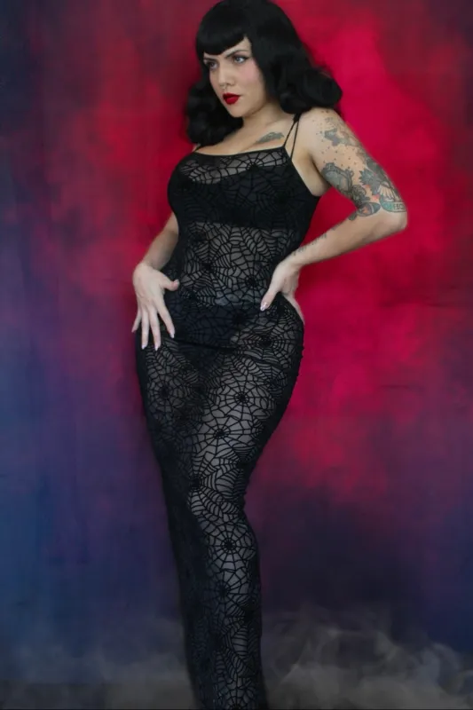 Sheer Hourglass Maxi Dress - Velvet Flocked Spider Webs made by Modcloth