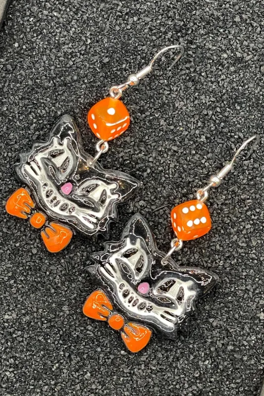Cat Lover - Retro Kitty Earrings with Orange Bowtie and Dice: Handmade Polymer Clay made by Modcloth