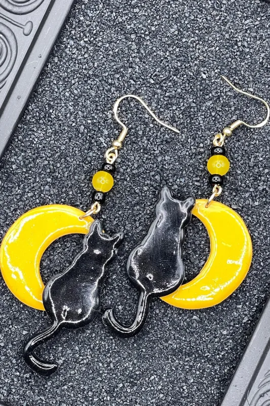 Salem - Black Cat Sitting on the Moon Earrings: Handmade Polymer Clay made by Modcloth