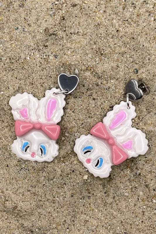 Bunny - White Fluffy Rabbit Earrings with Silver Hearts: Handmade Polymer Clay made by Modcloth