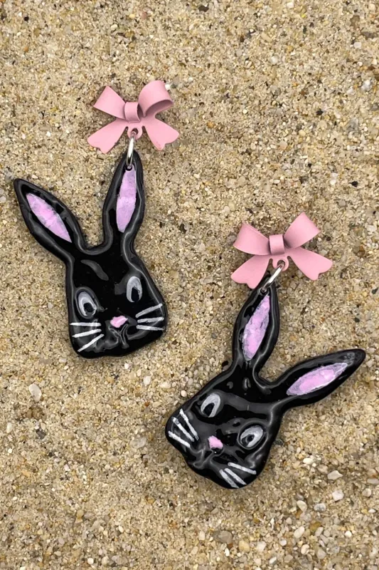 Bunny - Black Rabbit Earrings with Pink Bows: Handmade Polymer Clay made by Modcloth