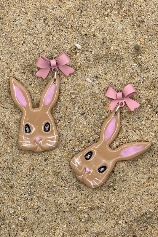 Bunny - Beige Rabbit Dangle Earrings with Pink Bows: Handmade Polymer Clay made by Modcloth