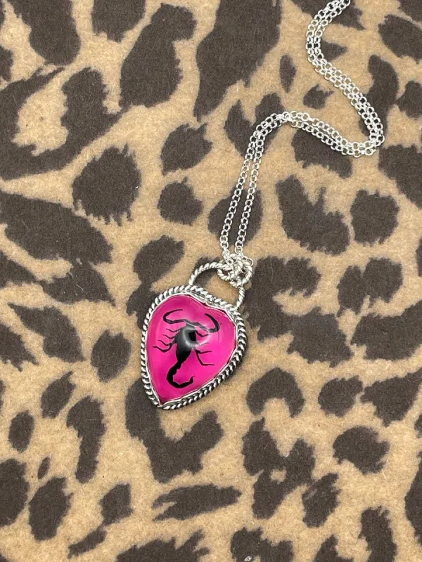 Winona - Real Black Scorpion in Hot Pink Resin Heart Pendant made by Modcloth