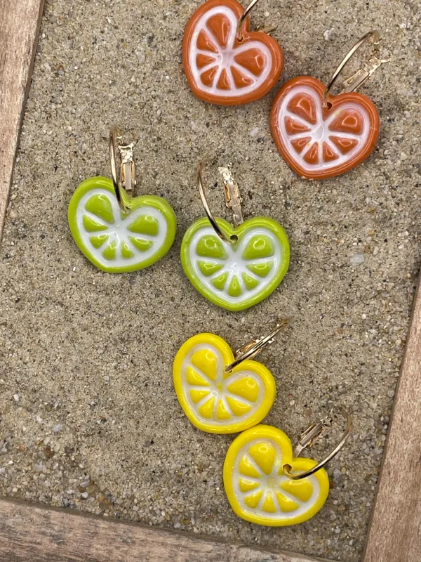 Tutti Frutti - Fruit Heart Lemon Lime Orange Hoop Earrings: Handmade Polymer Clay made by Modcloth
