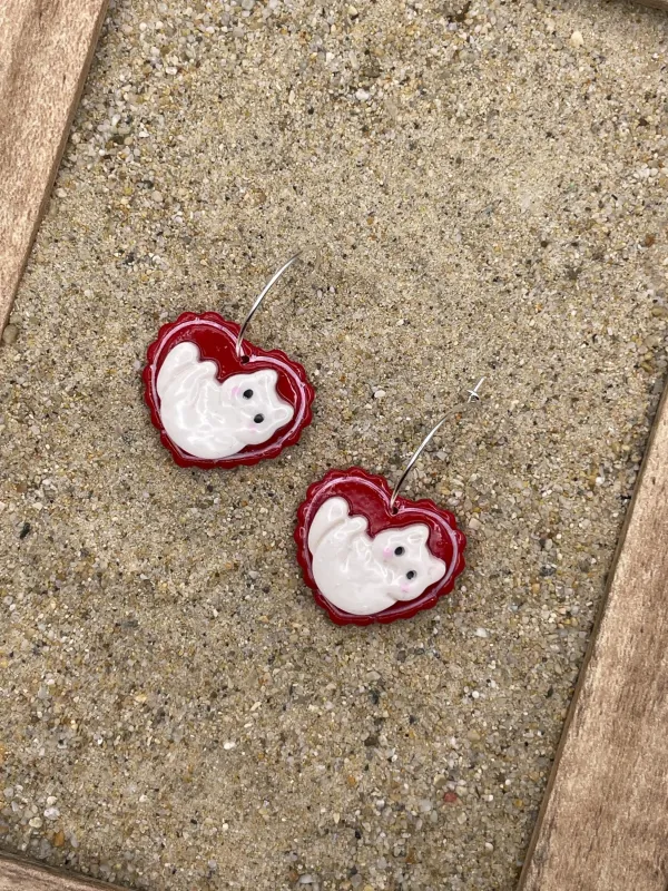 Cat Lover - Crazy Kitty Red Heart Hoop Earrings: Handmade Polymer Clay made by Modcloth