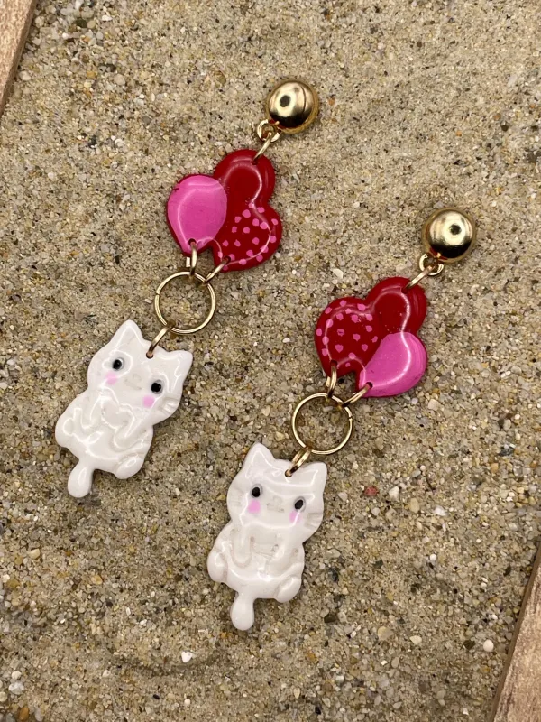 Cat Lover Earrings - Kitty Hanging from Balloons: Handmade, Hand Painted Polymer Clay made by Modcloth