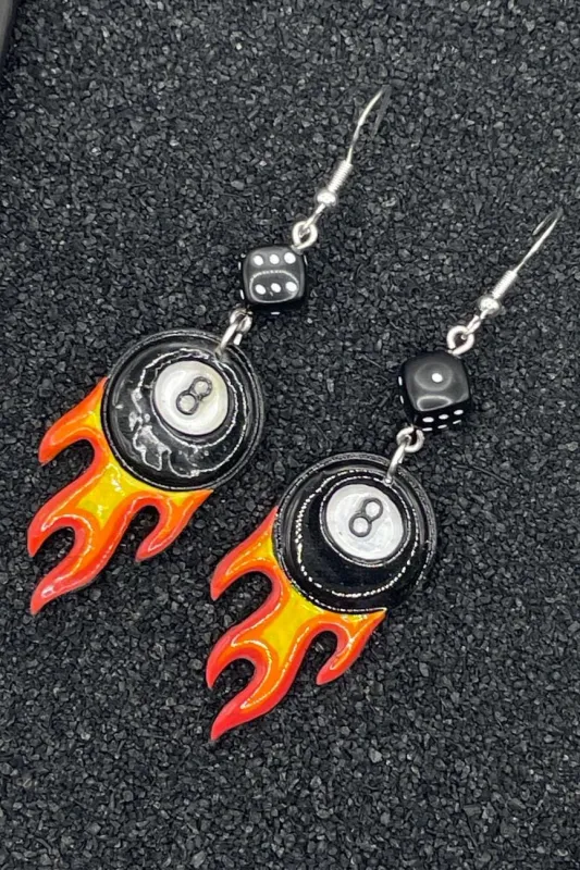 Tattoo - Flaming 8-Ball Tattoo Earrings with Dice Detail: Hand-Painted Polymer Clay made by Modcloth