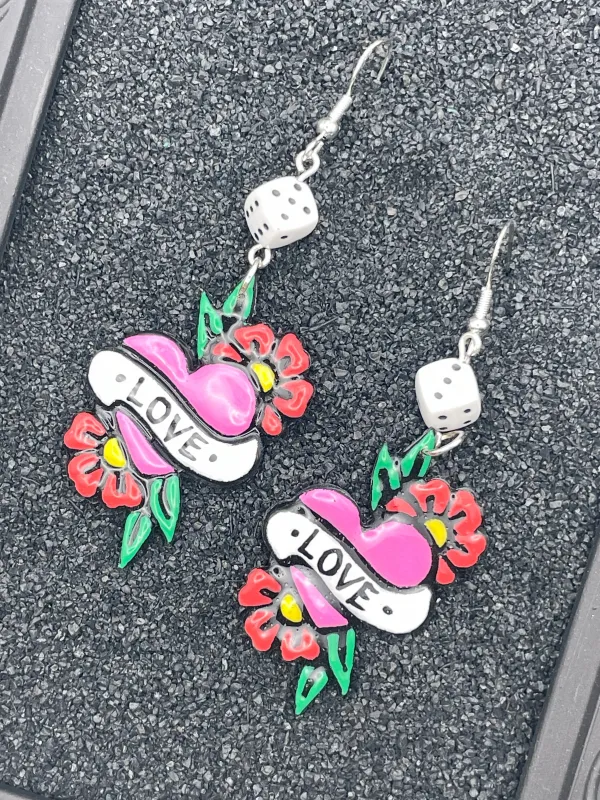 Tattoo - Love Heart Earrings with Dice Detail: Handmade Polymer Clay made by Modcloth