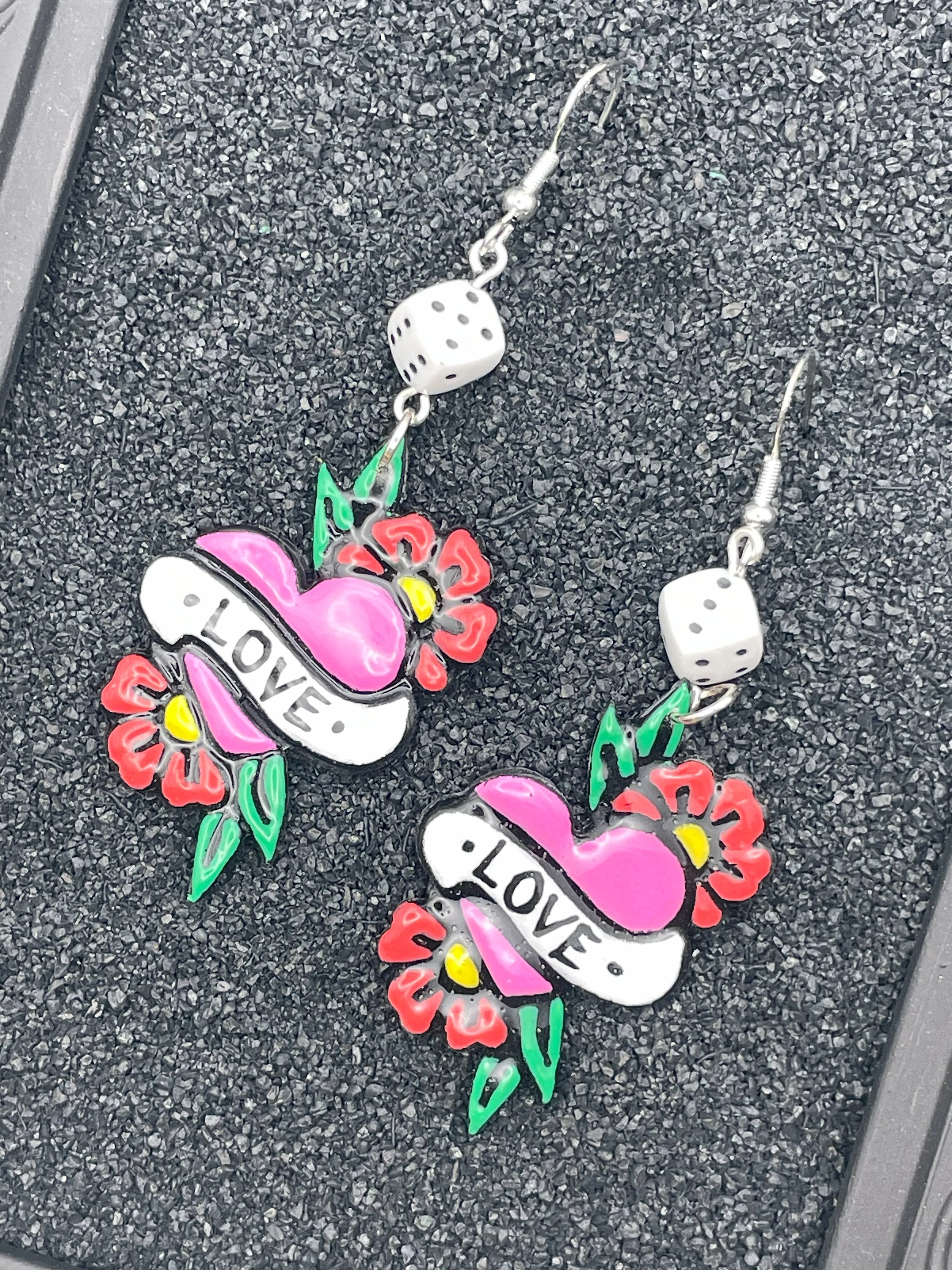 Tattoo - Love Heart Earrings with Dice Detail: Handmade Polymer Clay sold by Modcloth