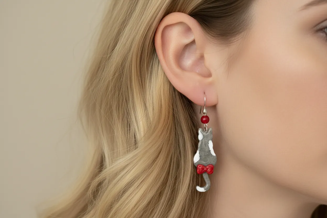 Cat Lover - Grey Kitty with Red Bow Earrings: Handmade, Polymer Clay sold by Modcloth product image thumbnail 4