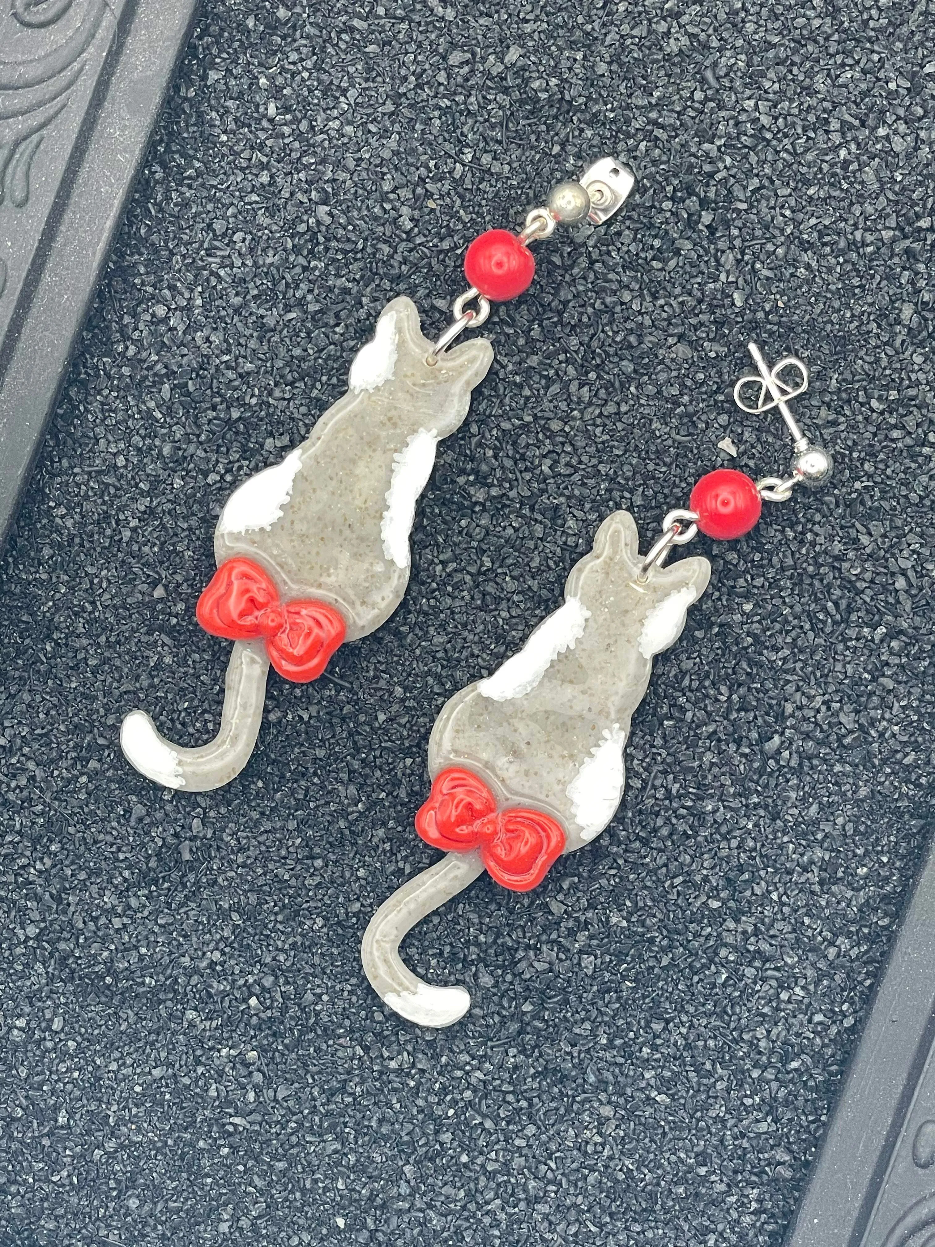Cat Lover - Grey Kitty with Red Bow Earrings: Handmade, Polymer Clay sold by Modcloth