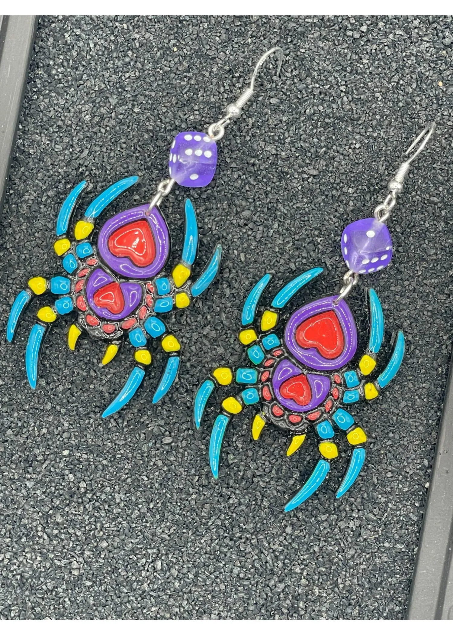 Tattoo - Spider Earrings with Dice Details: Handmade, Hand-Painted Polymer Clay sold by Modcloth