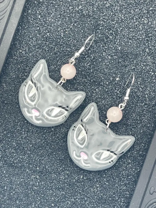 Cat Lover - Grey Kitty with Rose Quartz Beads Earrings: Hand-Painted Polymer Clay made by Modcloth