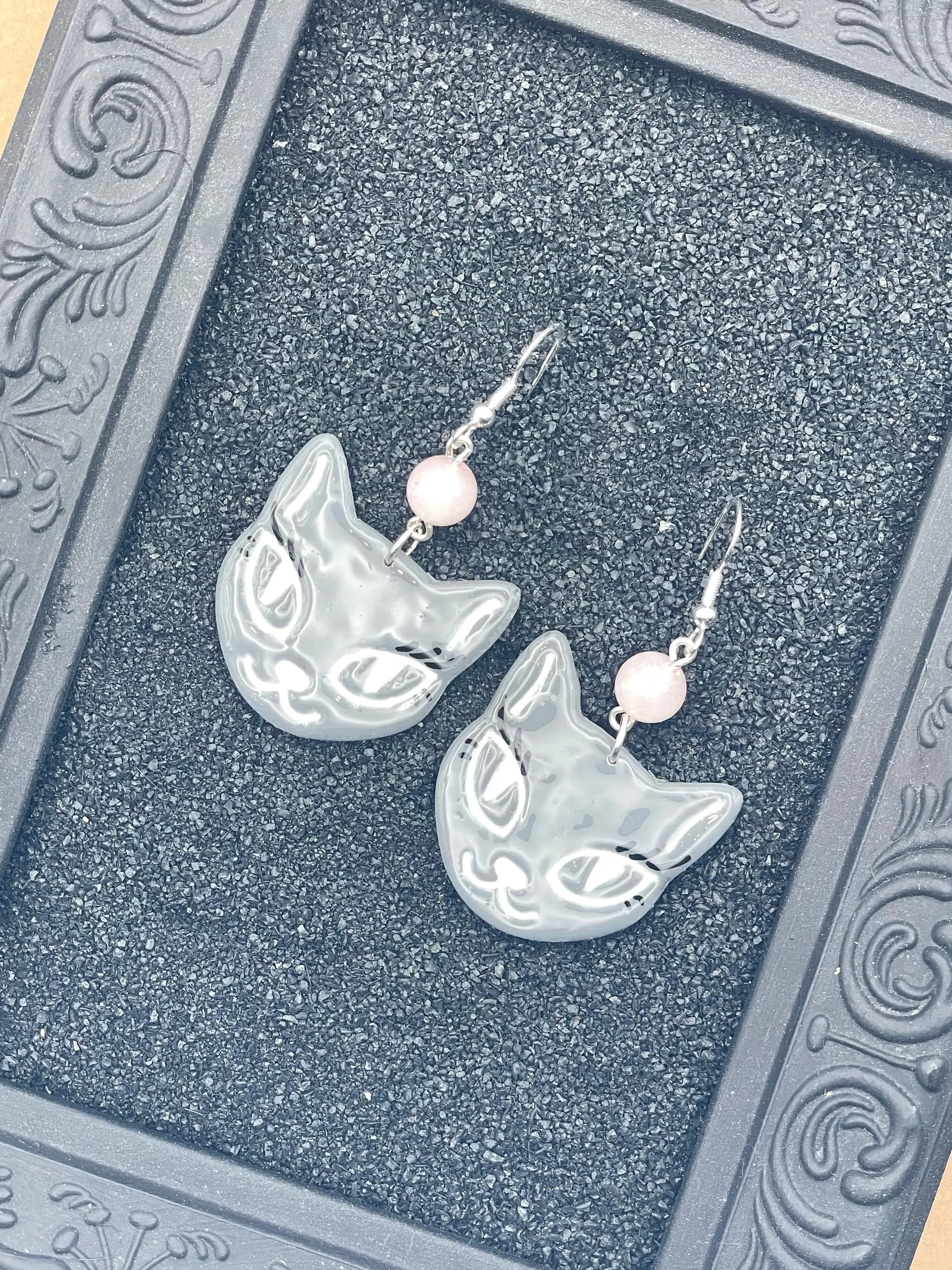 Cat Lover - Grey Kitty with Rose Quartz Beads Earrings: Hand-Painted Polymer Clay sold by Modcloth product image thumbnail 3