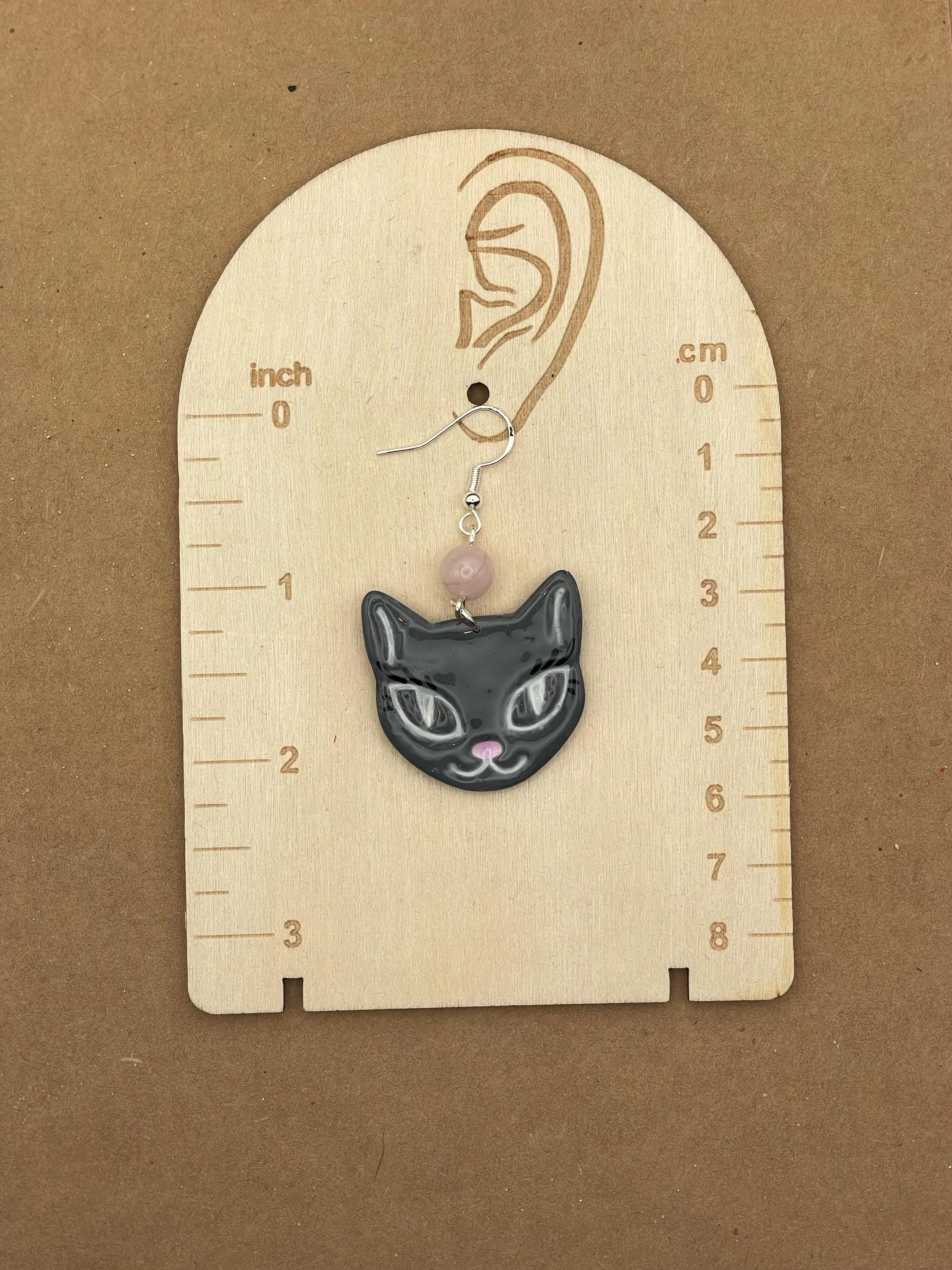 Cat Lover - Grey Kitty with Rose Quartz Beads Earrings: Hand-Painted Polymer Clay sold by Modcloth product image thumbnail 2