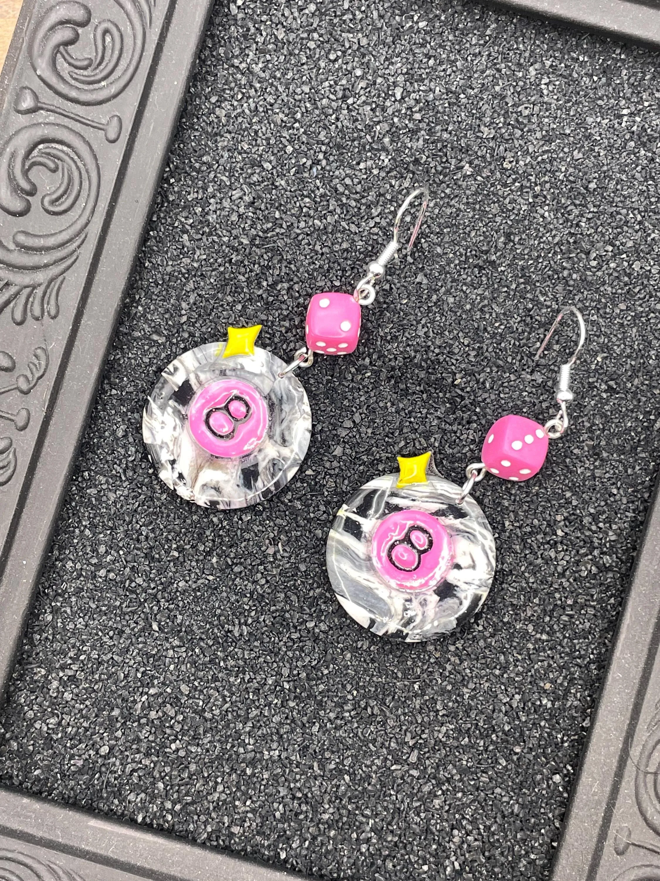 Tattoo - 8-Ball Earrings with Pink Dice: Hand-Painted Polymer Clay sold by Modcloth product image thumbnail 3