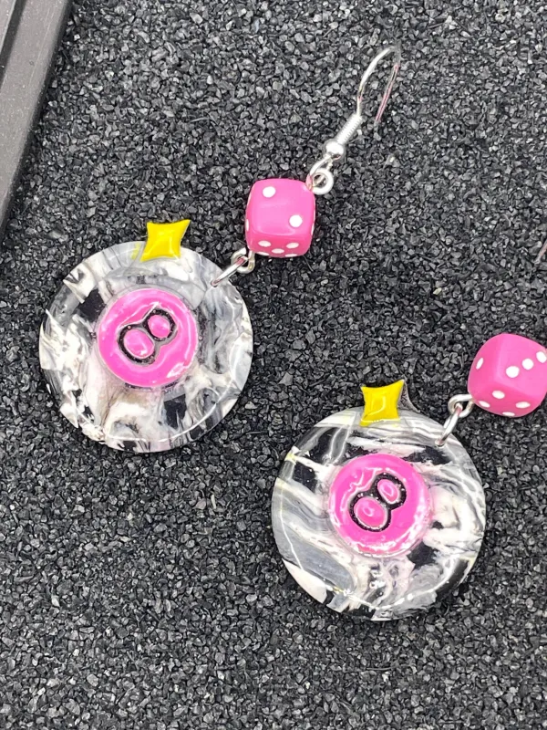 Tattoo - 8-Ball Earrings with Pink Dice: Hand-Painted Polymer Clay made by Modcloth