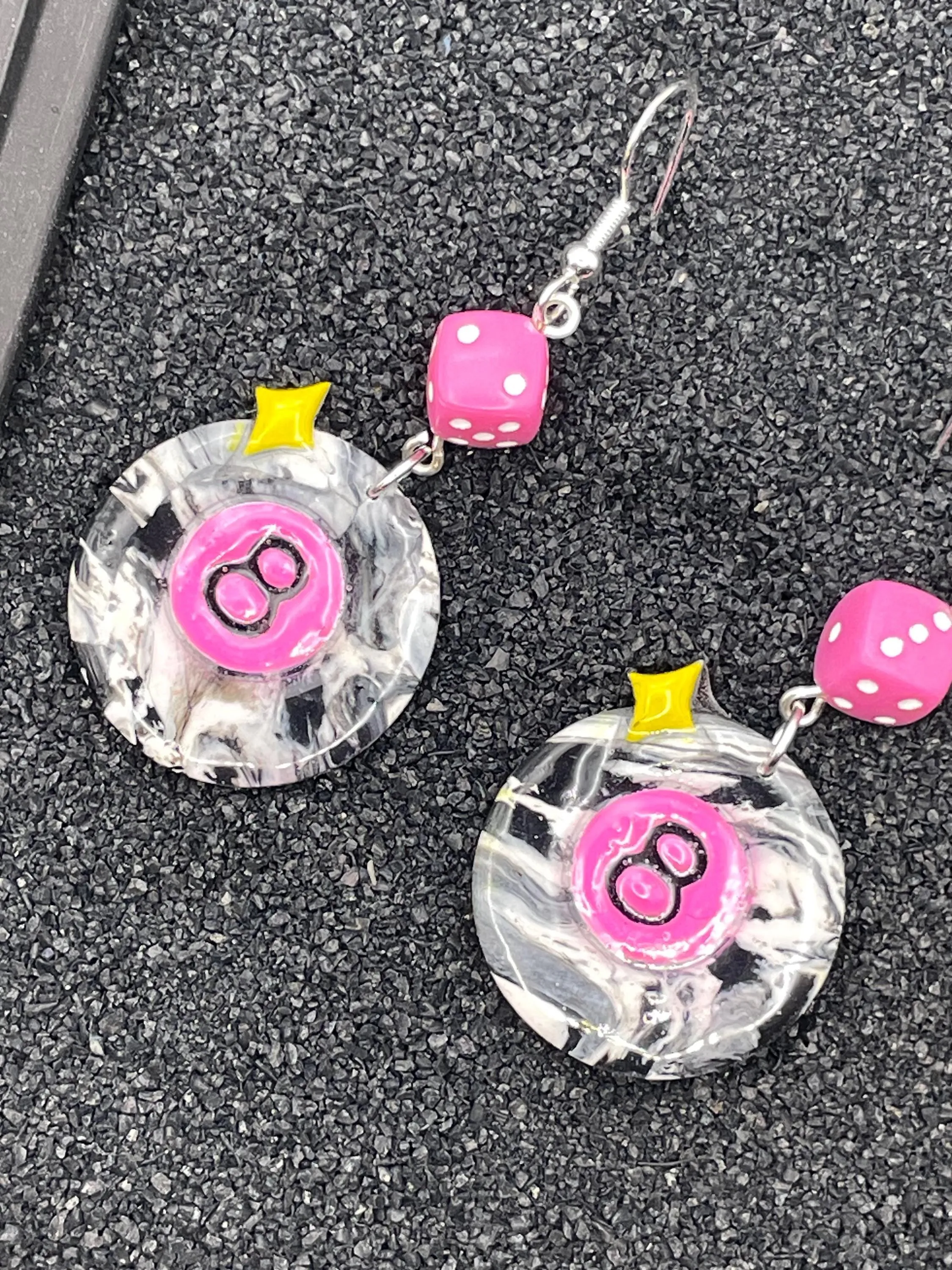Tattoo - 8-Ball Earrings with Pink Dice: Hand-Painted Polymer Clay sold by Modcloth