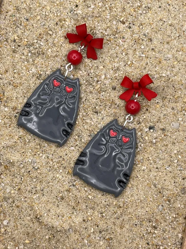 Cat Lover - Grey Kitty Earrings with Red Bow Detail: Handmade Polymer Clay made by Modcloth