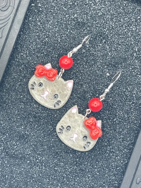 Cat Lover - Grey Cute Kitty with Red Jade Beads Earrings: Handmade Polymer Clay made by Modcloth
