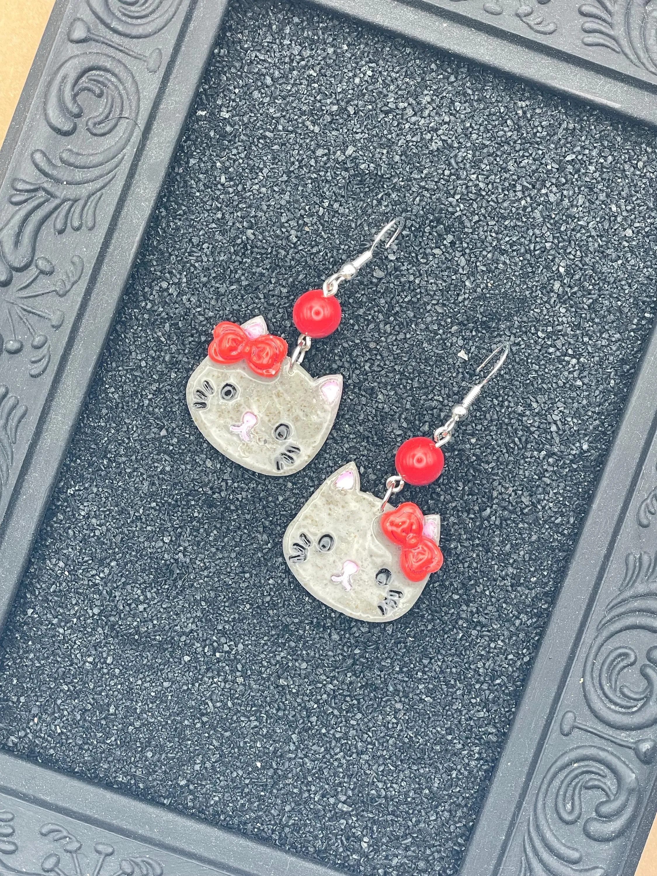 Cat Lover - Grey Cute Kitty with Red Jade Beads Earrings: Handmade Polymer Clay sold by Modcloth product image thumbnail 3