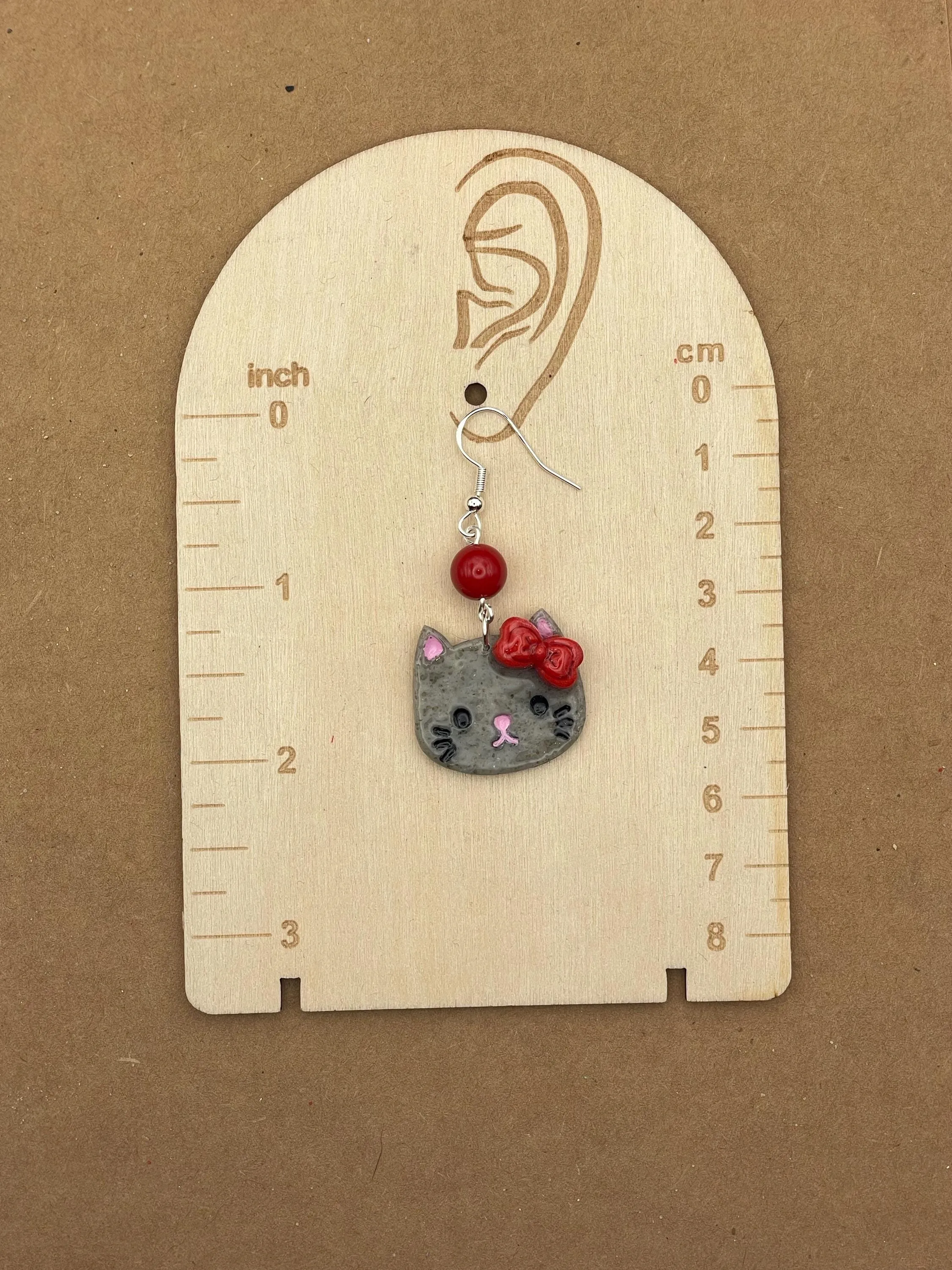 Cat Lover - Grey Cute Kitty with Red Jade Beads Earrings: Handmade Polymer Clay sold by Modcloth product image thumbnail 2