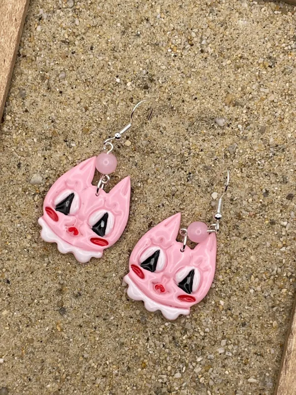 Cat Lover - Retro Kitty Cat Earrings with Rose Quartz Beads: Handmade Polymer Clay made by Modcloth