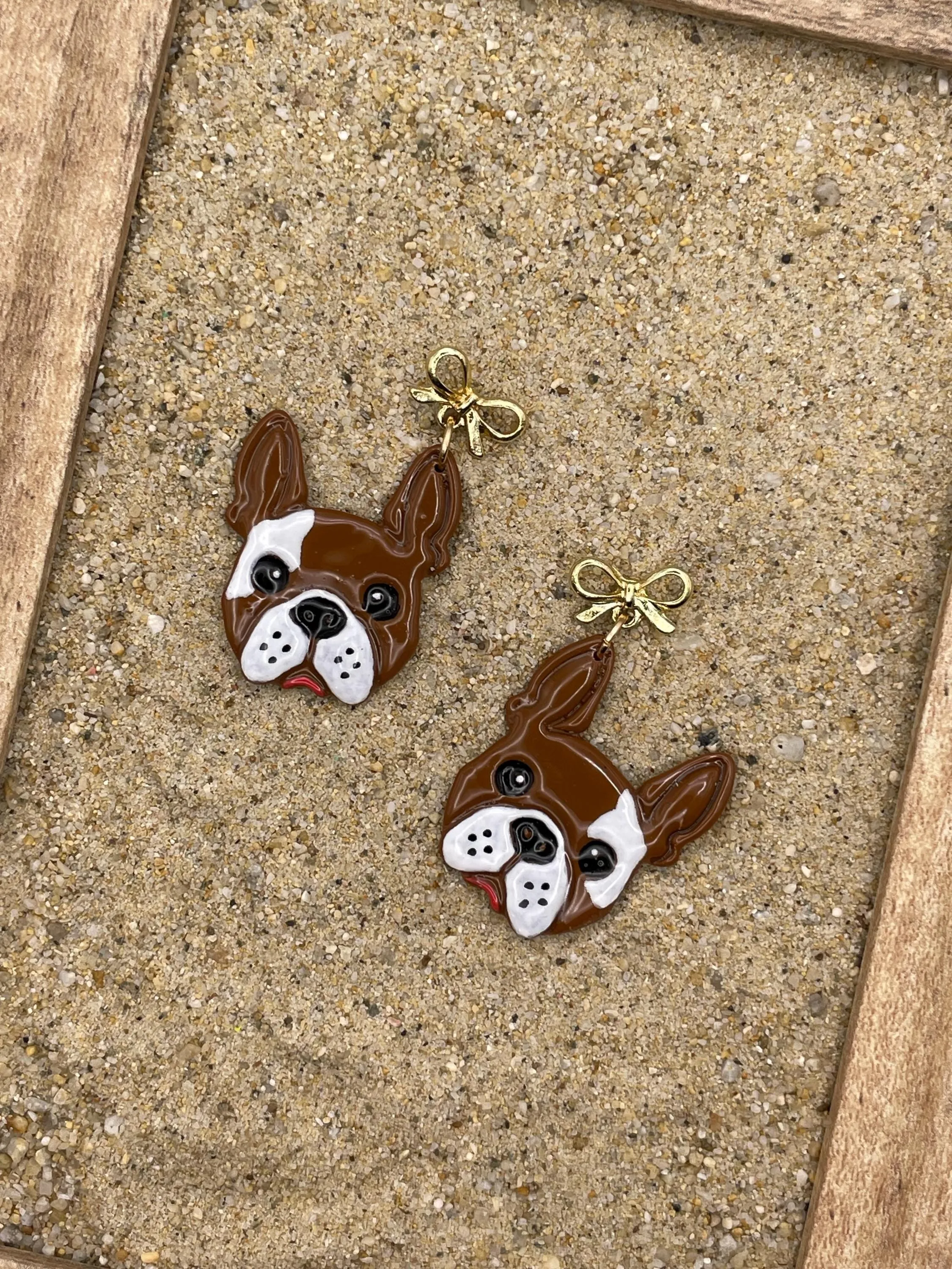 Dog Lover - Frenchy Bulldog Earrings with Gold Bow: Handmade Polymer Clay sold by Modcloth product image thumbnail 3