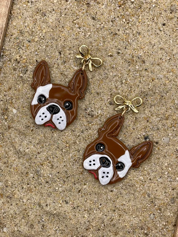 Dog Lover - Frenchy Bulldog Earrings with Gold Bow: Handmade Polymer Clay made by Modcloth
