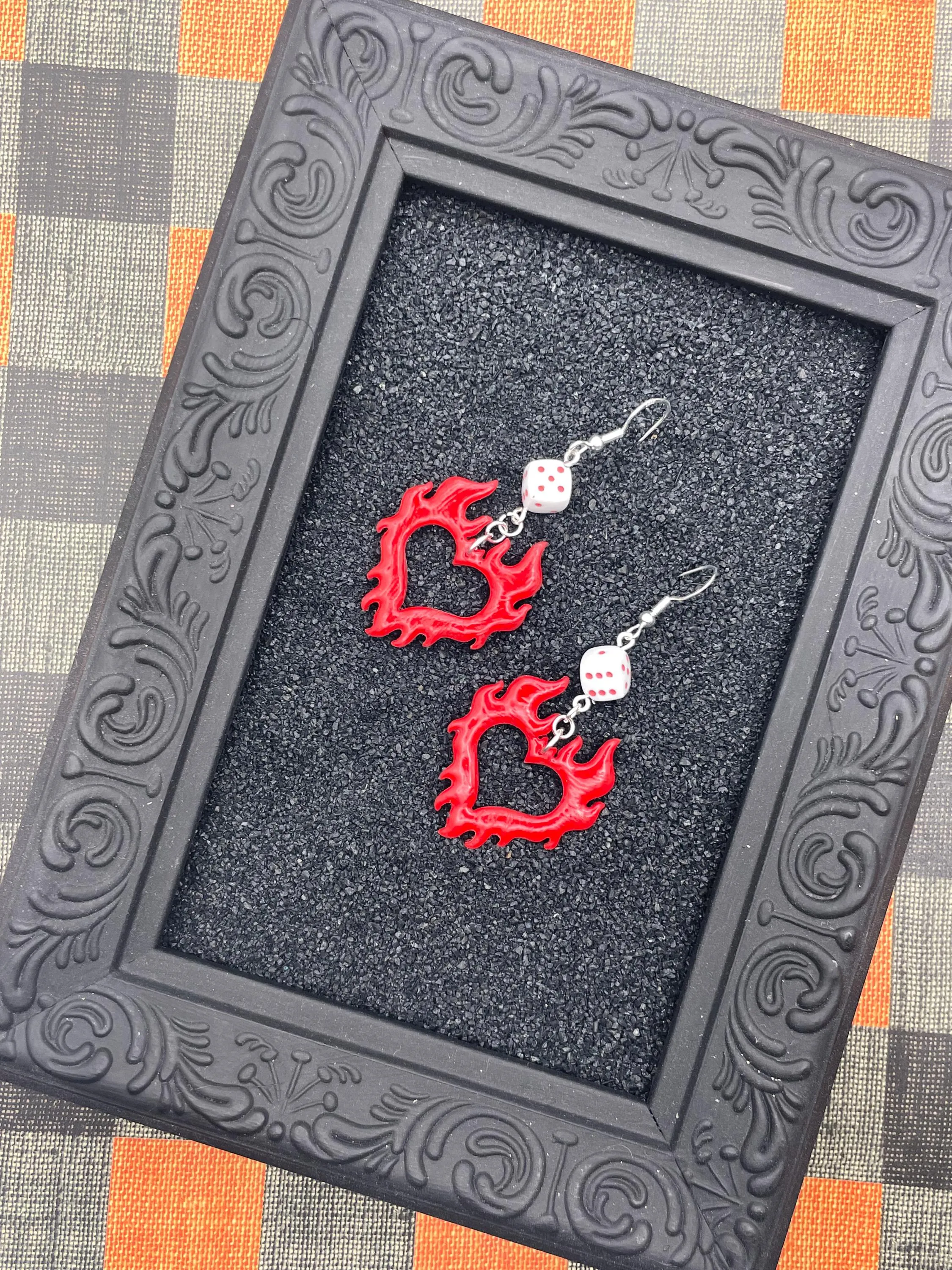 Tattoo - Flaming Heart Earrings with Dice Detail: Handmade, Polymer Clay sold by Modcloth product image thumbnail 2