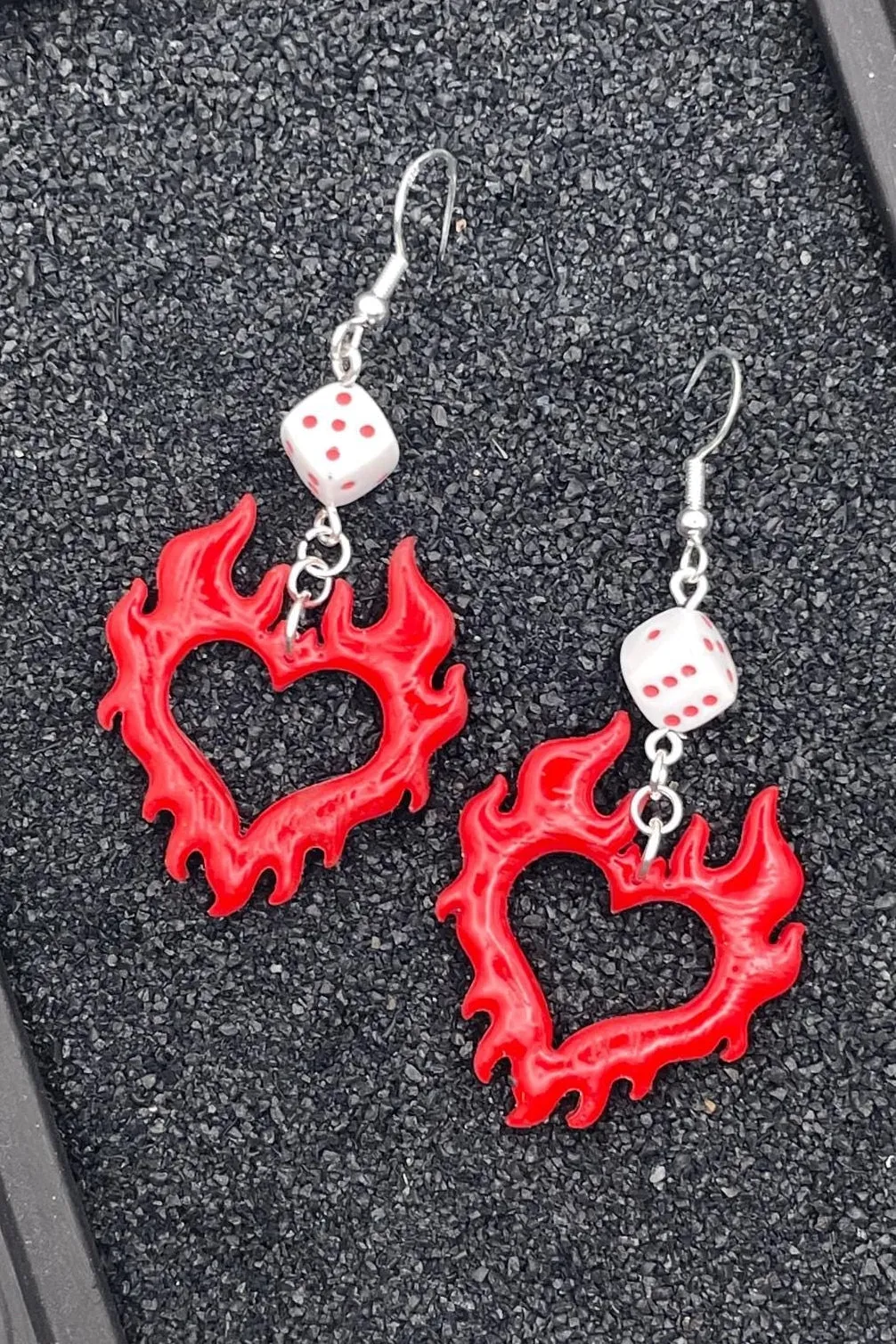 Tattoo - Flaming Heart Earrings with Dice Detail: Handmade, Polymer Clay sold by Modcloth