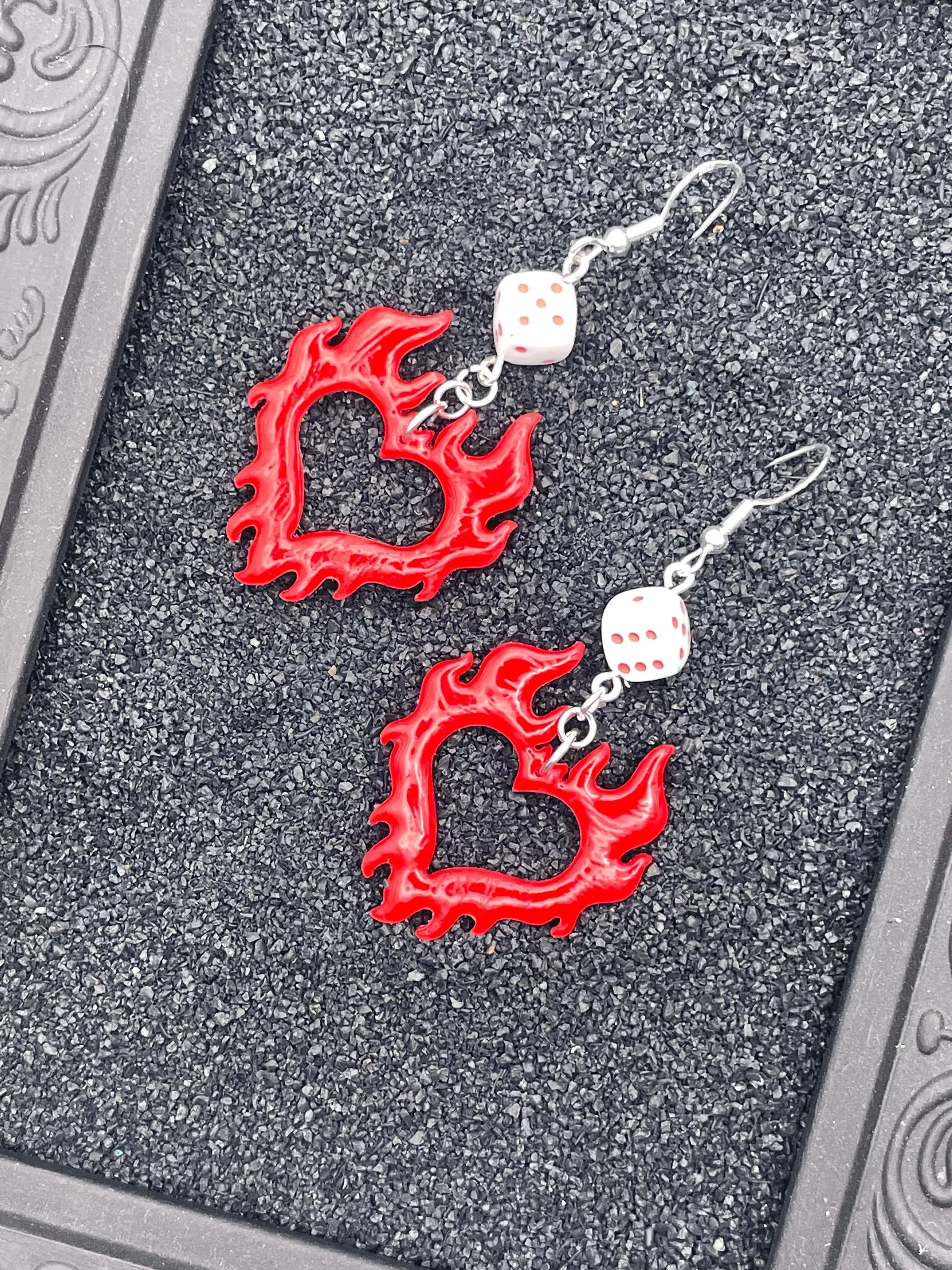 Tattoo - Flaming Heart Earrings with Dice Detail: Handmade, Polymer Clay sold by Modcloth product image thumbnail 3
