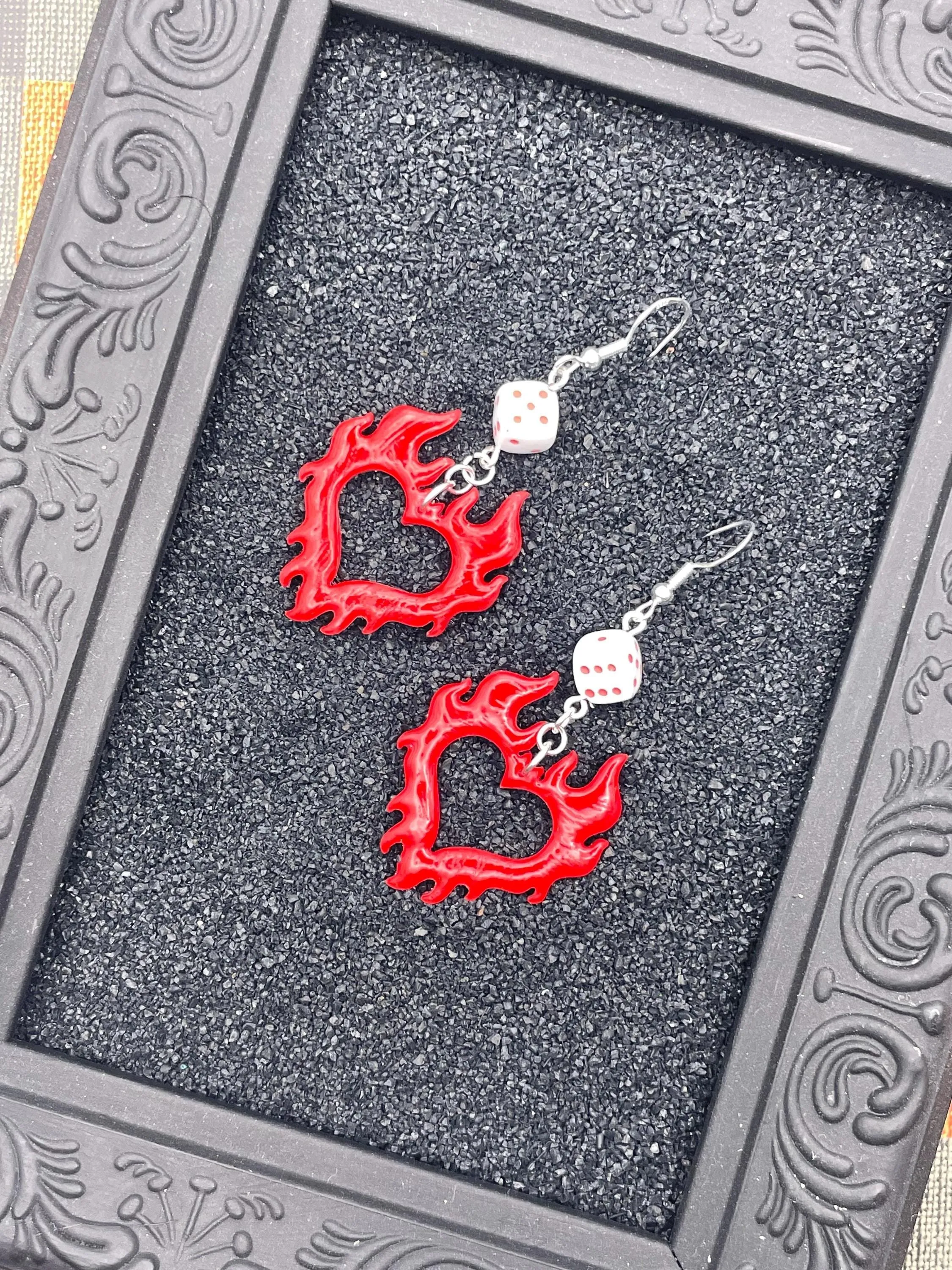 Tattoo - Flaming Heart Earrings with Dice Detail: Handmade, Polymer Clay sold by Modcloth product image thumbnail 4