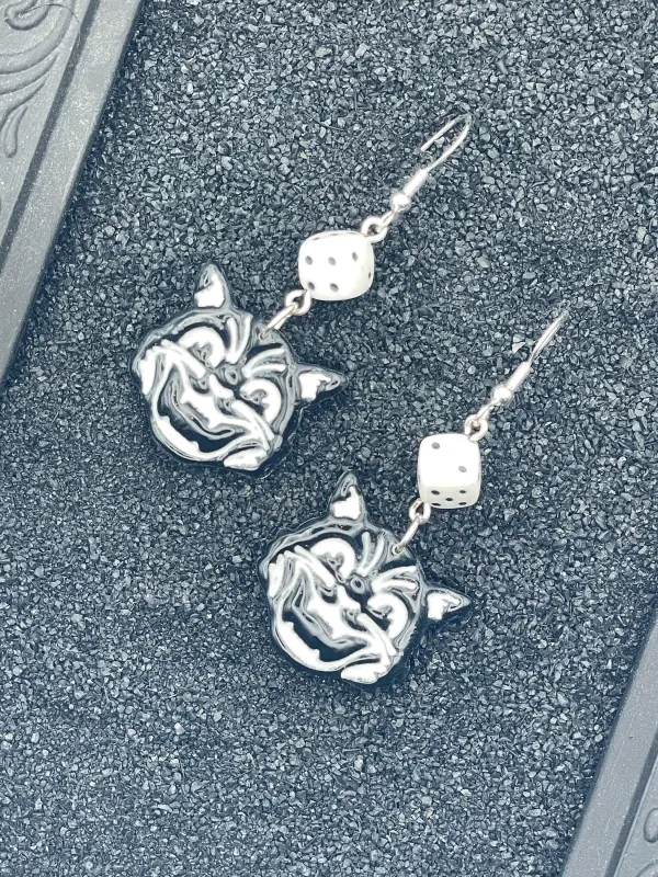 Cat Lover - Retro Kitty with White Dice Earrings: Hand-Painted Polymer Clay made by Modcloth