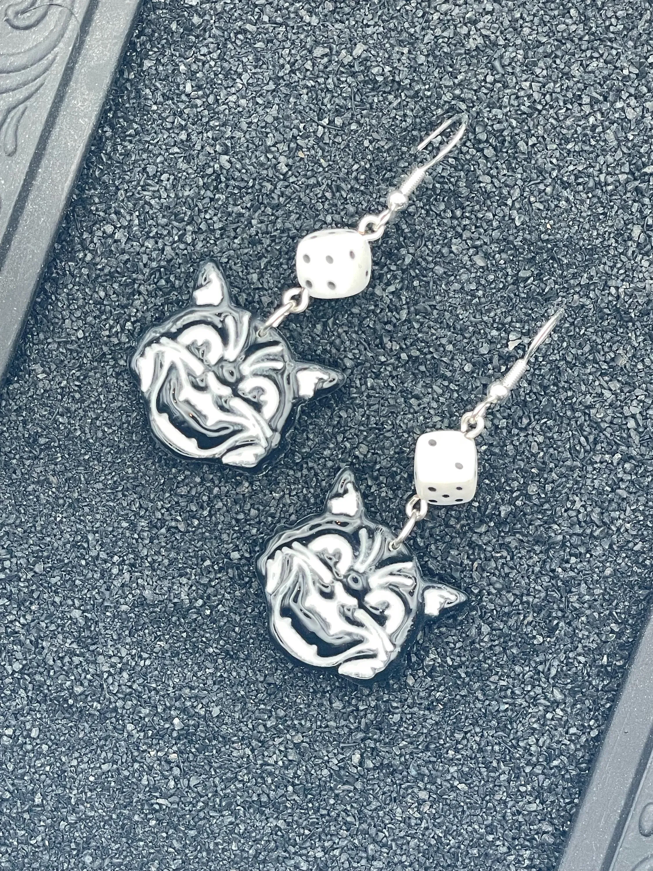 Cat Lover - Retro Kitty with White Dice Earrings: Hand-Painted Polymer Clay sold by Modcloth
