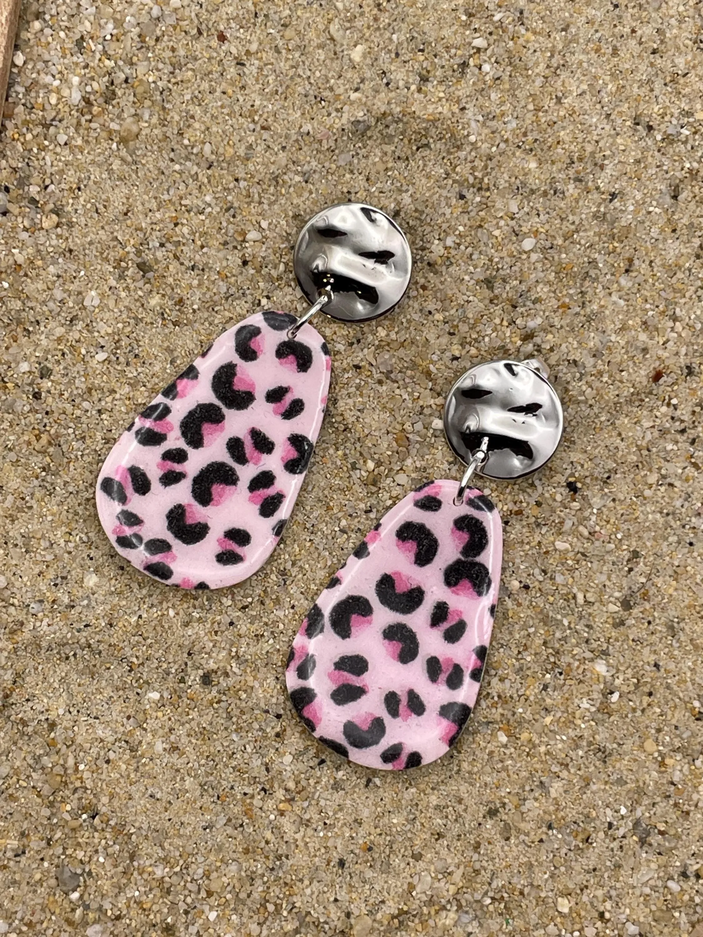 Love - Pink Leopard Printed Dangle Earrings: Handmade Polymer Clay sold by Modcloth